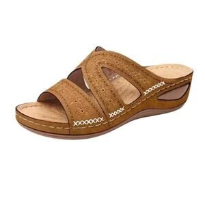 Women's Retro Round Heeled Open Toe Wedges NWT